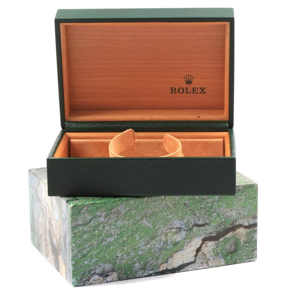 The image shows the open box and insert for a Rolex Datejust 16234 Men's Stainless Steel Silver Dial 16234 Men's Stainless Steel Silver Dial model watch.