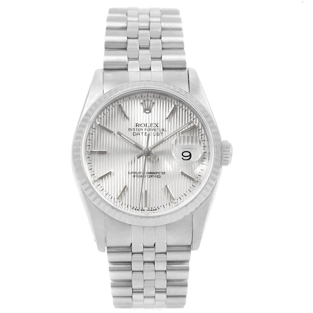 This Rolex Datejust 16234 Men's Stainless Steel Silver Dial 16234 Men's Stainless Steel Silver Dial watch is shown from a front angle, displaying the face, bezel, and bracelet.