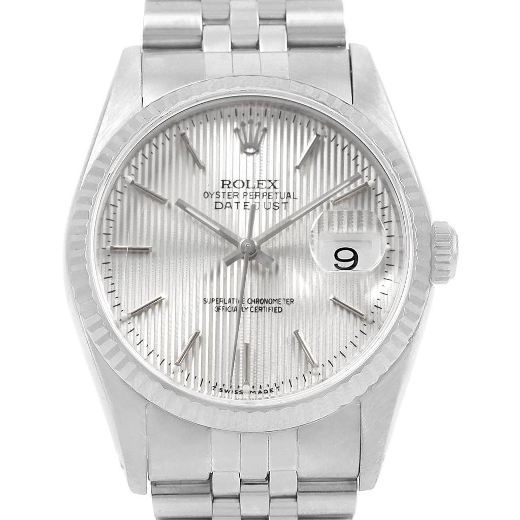 This image shows a front view of the Rolex Datejust 16234 Men's Stainless Steel Silver Dial 16234 Men's Stainless Steel Silver Dial watch, highlighting its dial, hands, date display, and part of the metal bracelet.