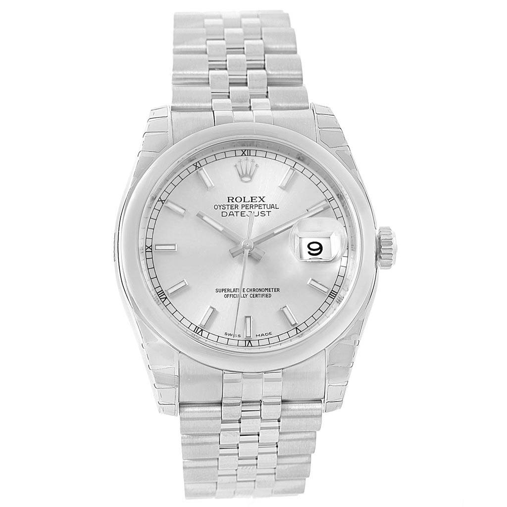 The image shows a front view of the Rolex Datejust 116200 Men's Stainless Steel Silver Dial 116200 Men's Stainless Steel Silver Dial watch featuring its dial, hands, date display, and bracelet.