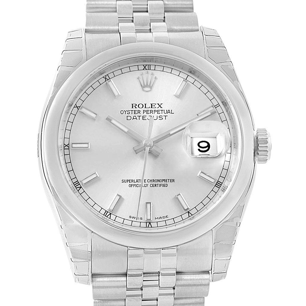 The image shows a front view of the Rolex Datejust 116200 Men's Stainless Steel Silver Dial 116200 Men's Stainless Steel Silver Dial watch, displaying the dial, hands, date, markings, and part of the bracelet.