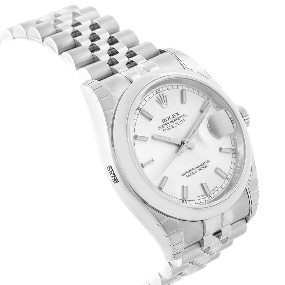 The image shows a Rolex Datejust 116200 Men's Stainless Steel Silver Dial 116200 Men's Stainless Steel Silver Dial model at a slight side angle displaying its face, bezel, and part of its metal bracelet.