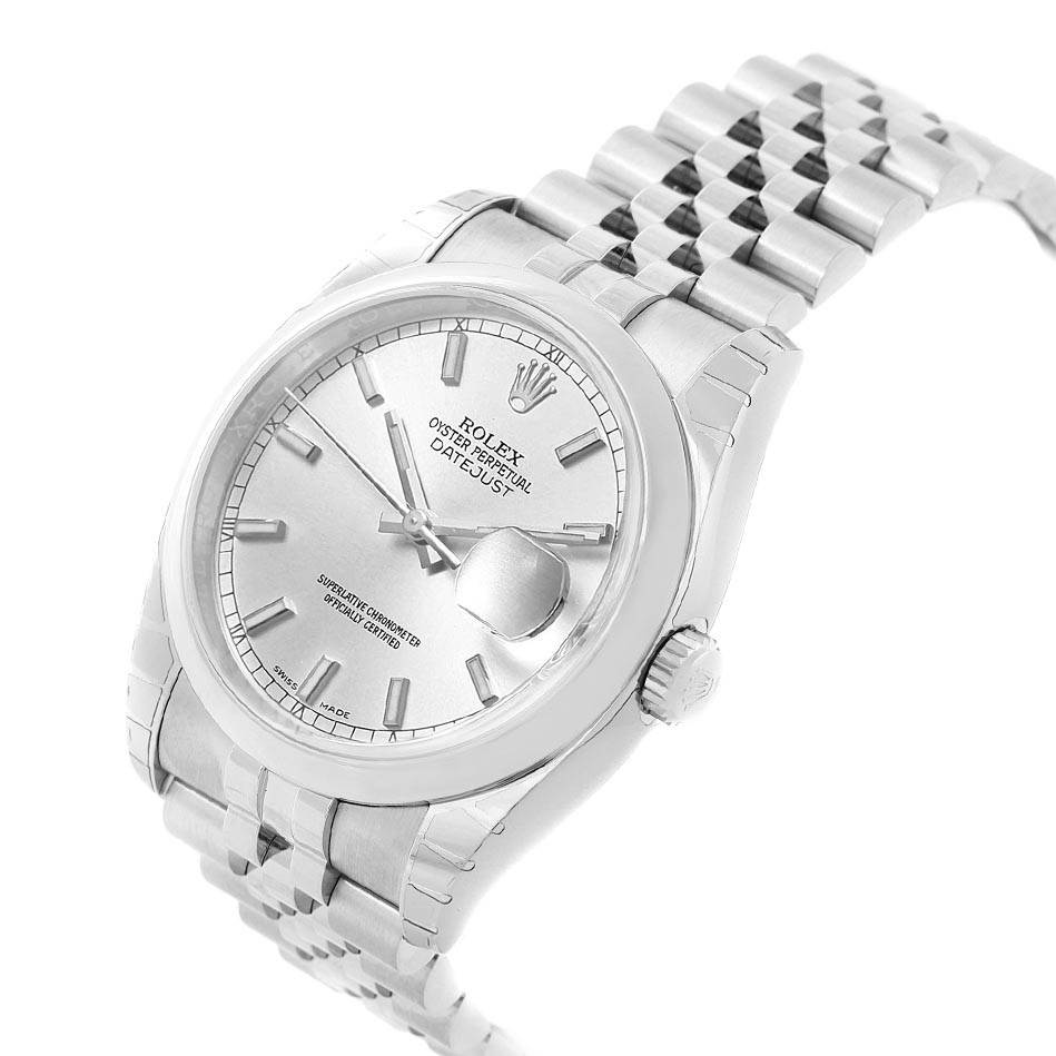 This Rolex Datejust 116200 Men's Stainless Steel Silver Dial 116200 Men's Stainless Steel Silver Dial watch is shown at a slight side angle, displaying the face, bracelet, and crown.