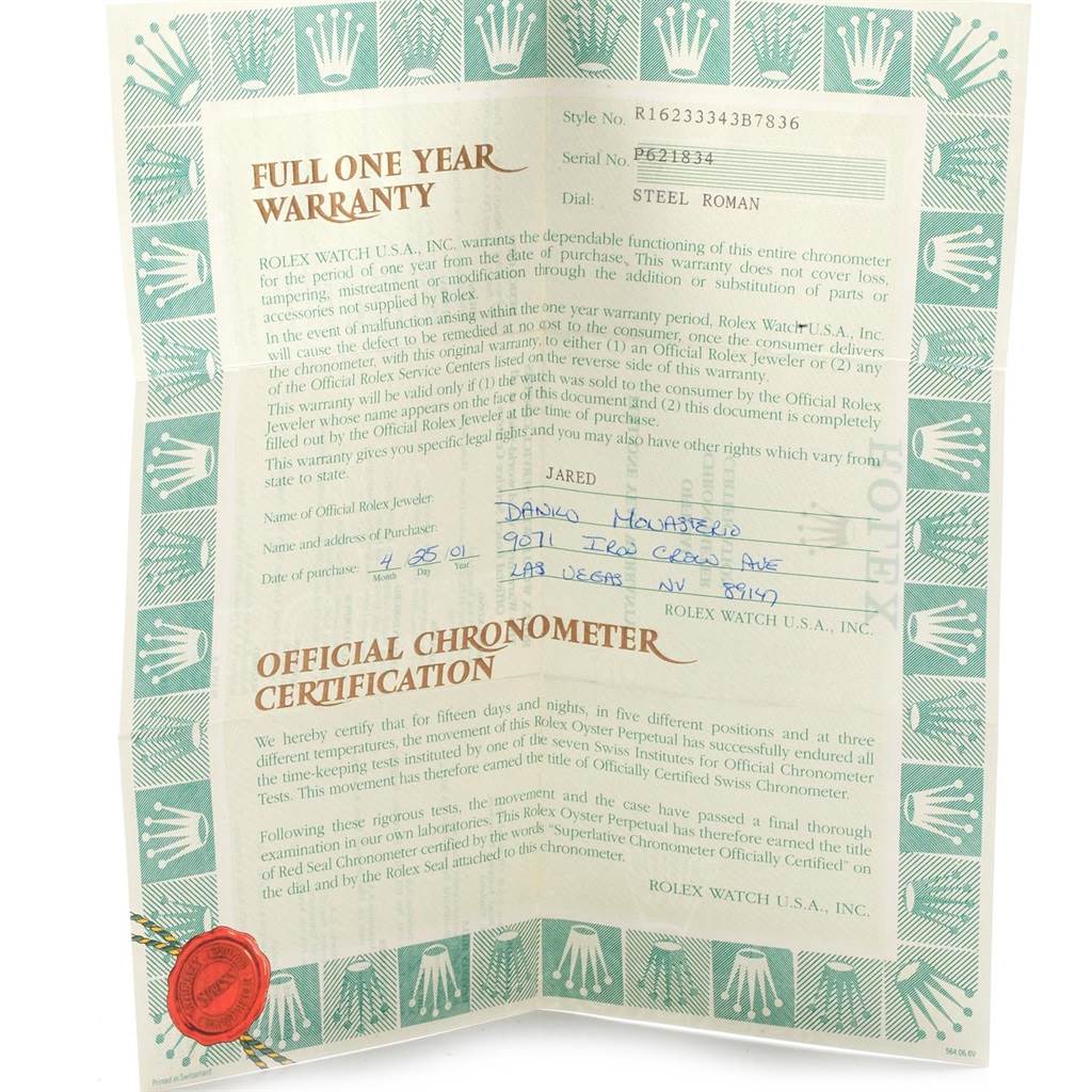 The image shows the warranty and official chronometer certification documents for a Rolex Datejust 20208 Men
s Steel and Gold (two tone) Grey Dial 20208 Men
s Steel and Gold (two tone) Grey Dial watch.