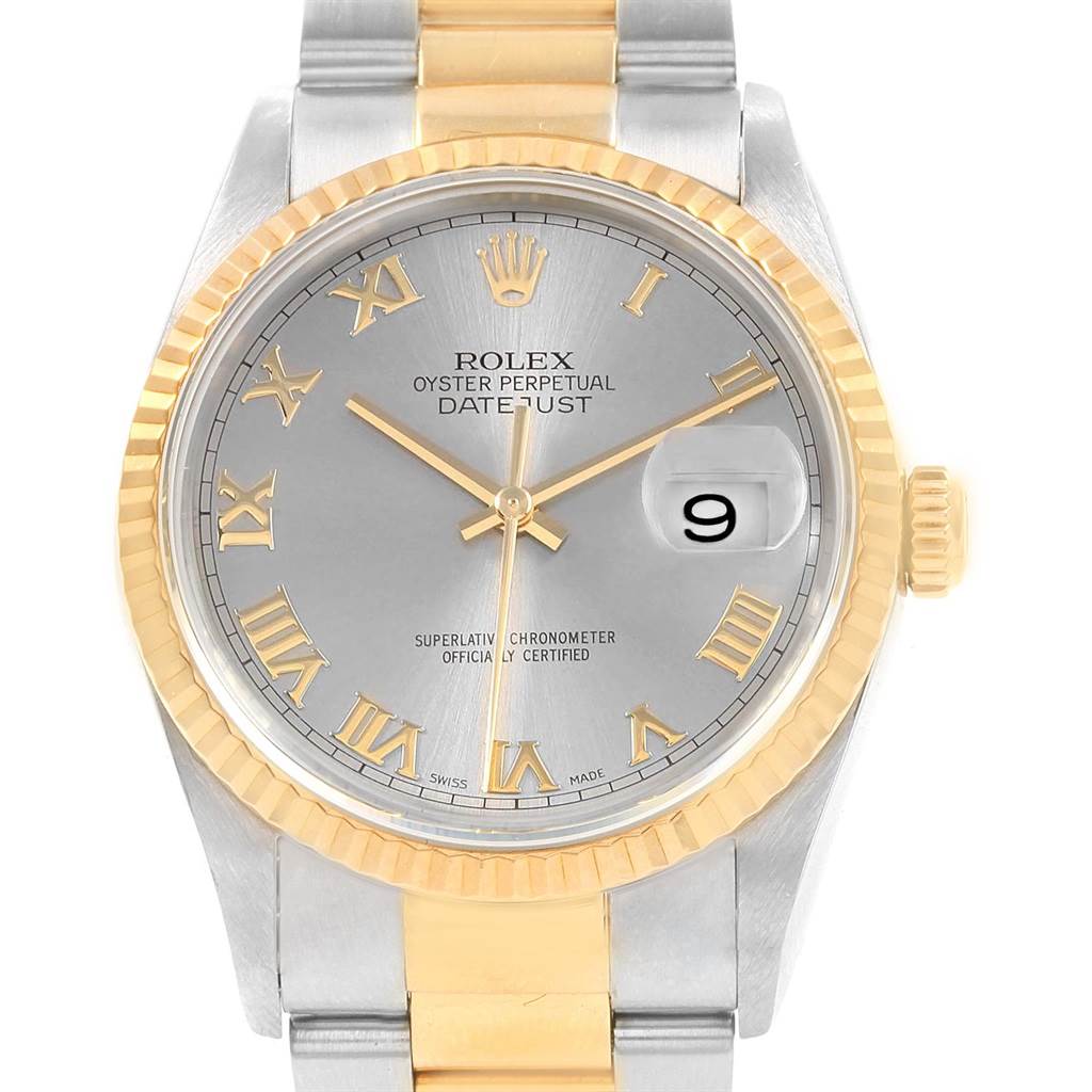 This image shows a front view of a Rolex Datejust 20208 Men
s Steel and Gold (two tone) Grey Dial 20208 Men
s Steel and Gold (two tone) Grey Dial, highlighting the dial, bezel, crown, and part of the bracelet.