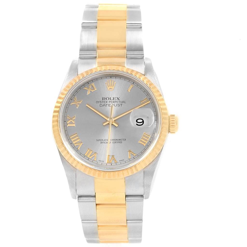 This Rolex Datejust 20208 Men
s Steel and Gold (two tone) Grey Dial 20208 Men
s Steel and Gold (two tone) Grey Dial watch is shown from a top-down angle, displaying the face, bezel, and metal bracelet band.