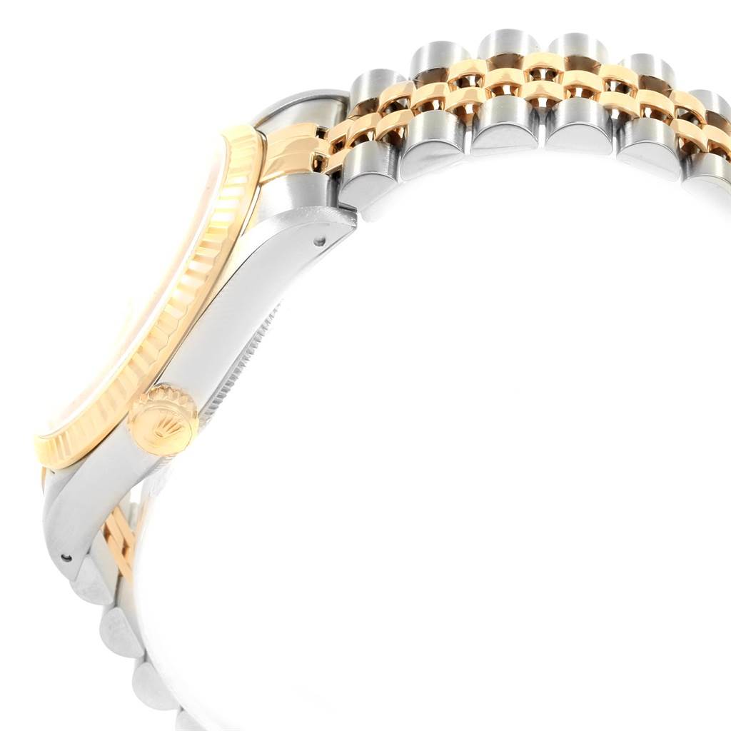 This image shows a side view of the Rolex Datejust 16233 Men
s Steel and Gold (two tone) White Dial 16233 Men
s Steel and Gold (two tone) White Dial model, highlighting the crown, case, and two-tone bracelet.