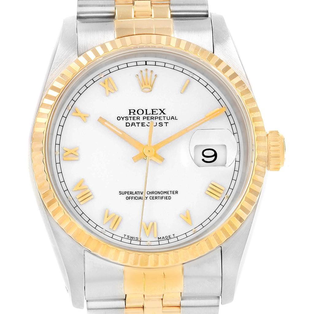 This image shows the front view of a Rolex Datejust 16233 Men
s Steel and Gold (two tone) White Dial 16233 Men
s Steel and Gold (two tone) White Dial watch, highlighting its dial, bezel, hands, date window, and bracelet.