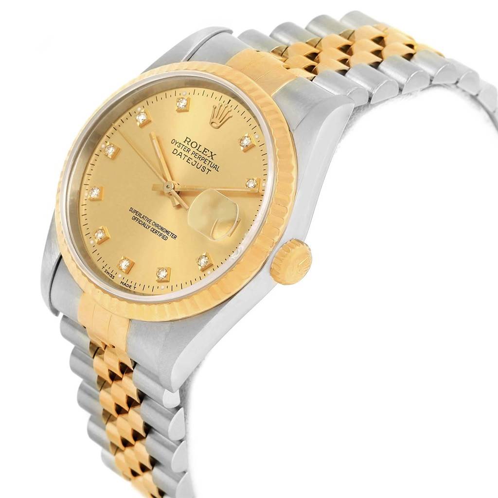 The Rolex Datejust 16233 Men
s Steel and Gold (two tone) Champagne Dial 16233 Men
s Steel and Gold (two tone) Champagne Dial watch is shown at an angled side view, highlighting its bezel, crown, dial, and two-tone bracelet.