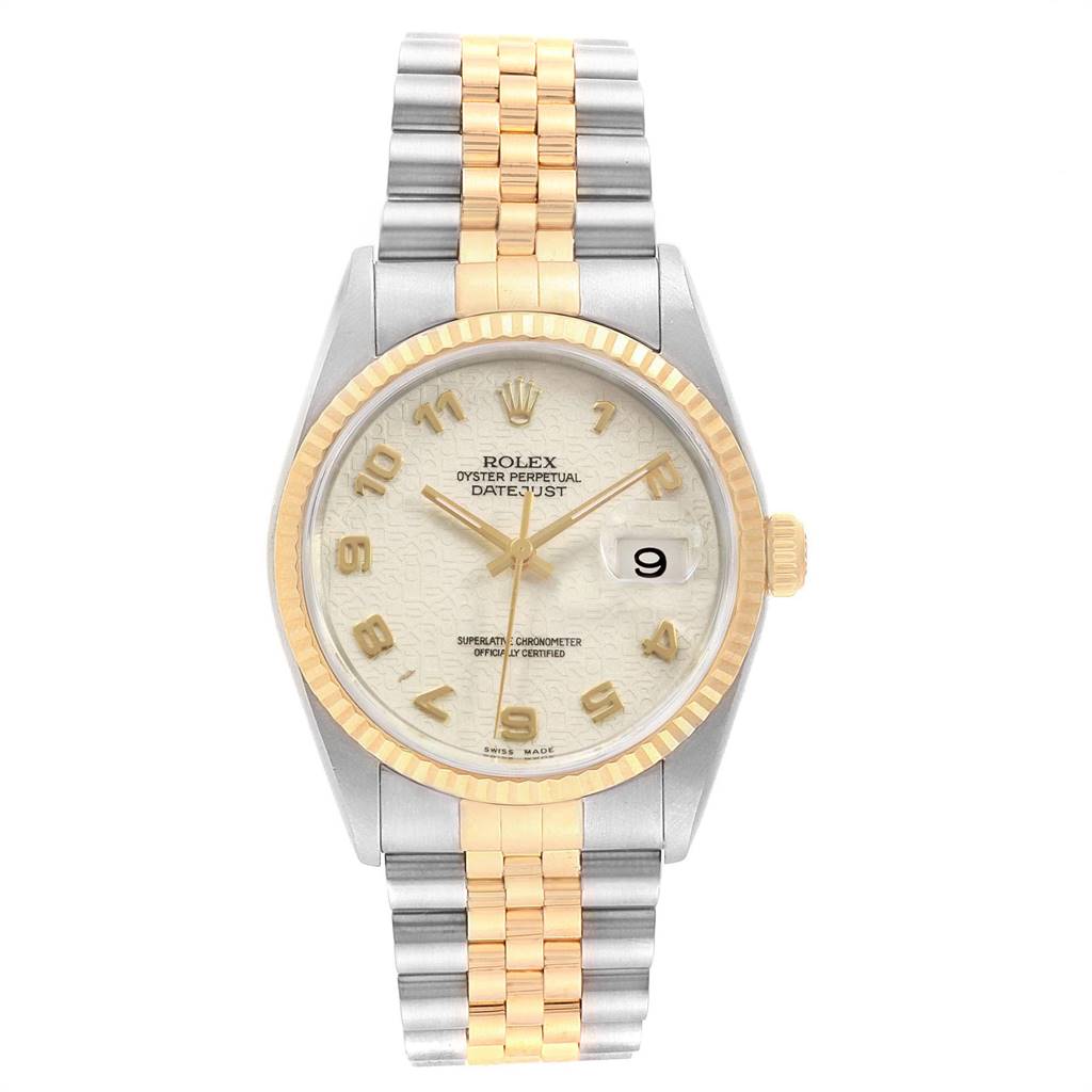 The image shows a front view of a Rolex Datejust 16233 Men
s Steel and Gold (two tone) Beige Dial 16233 Men
s Steel and Gold (two tone) Beige Dial watch with a two-tone bracelet and a fluted bezel.