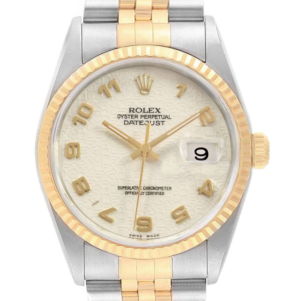 The image shows a front view of the Rolex Datejust 16233 Men
s Steel and Gold (two tone) Beige Dial 16233 Men
s Steel and Gold (two tone) Beige Dial watch, featuring its dial, bezel, and part of the bracelet.