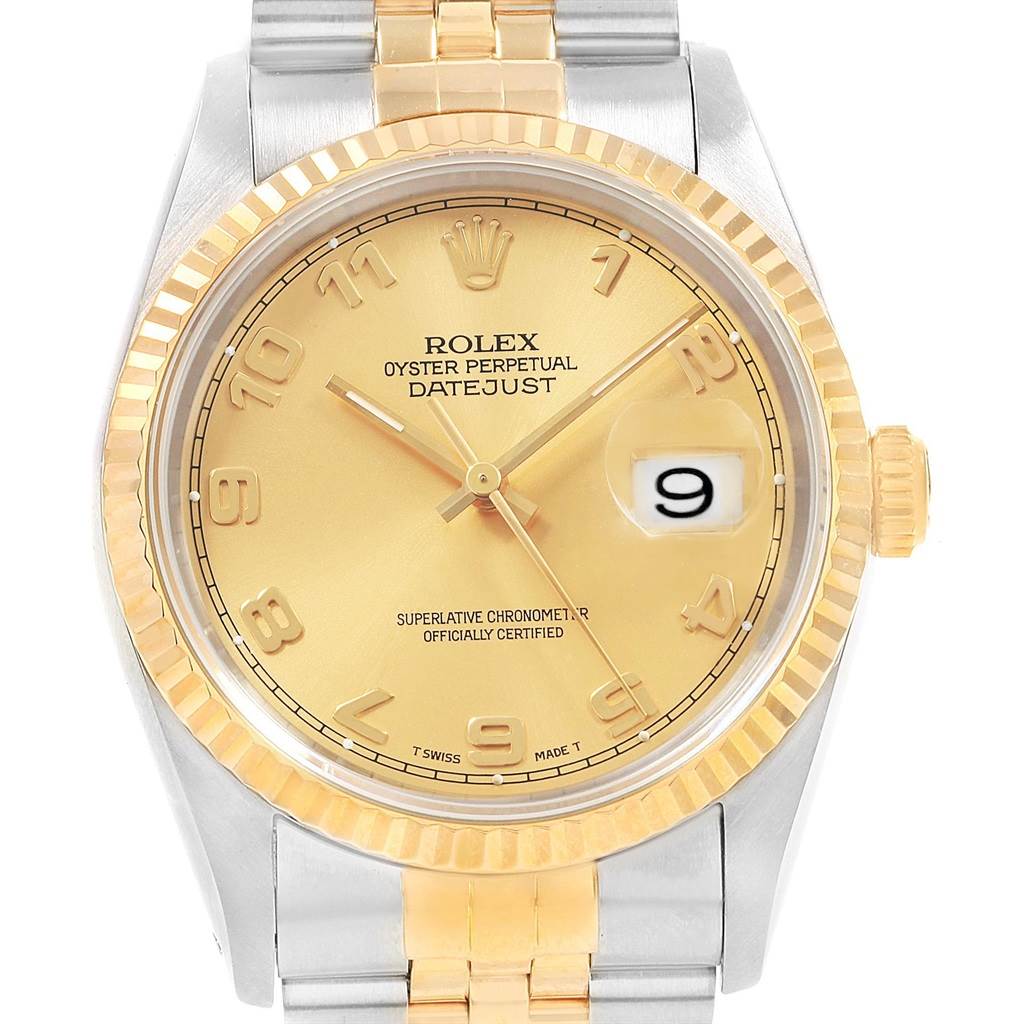 The image shows a front view of a Rolex Datejust 16233 Men
s Steel and Gold (two tone) Champagne Dial 16233 Men
s Steel and Gold (two tone) Champagne Dial watch, highlighting the face, bezel, crown, and bracelet.