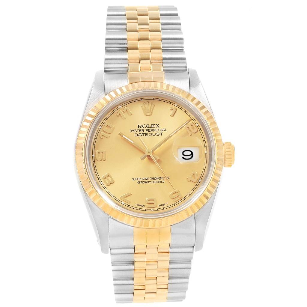 This image shows a front view of a Rolex Datejust 16233 Men
s Steel and Gold (two tone) Champagne Dial 16233 Men
s Steel and Gold (two tone) Champagne Dial watch displaying the dial, bezel, and two-tone bracelet.