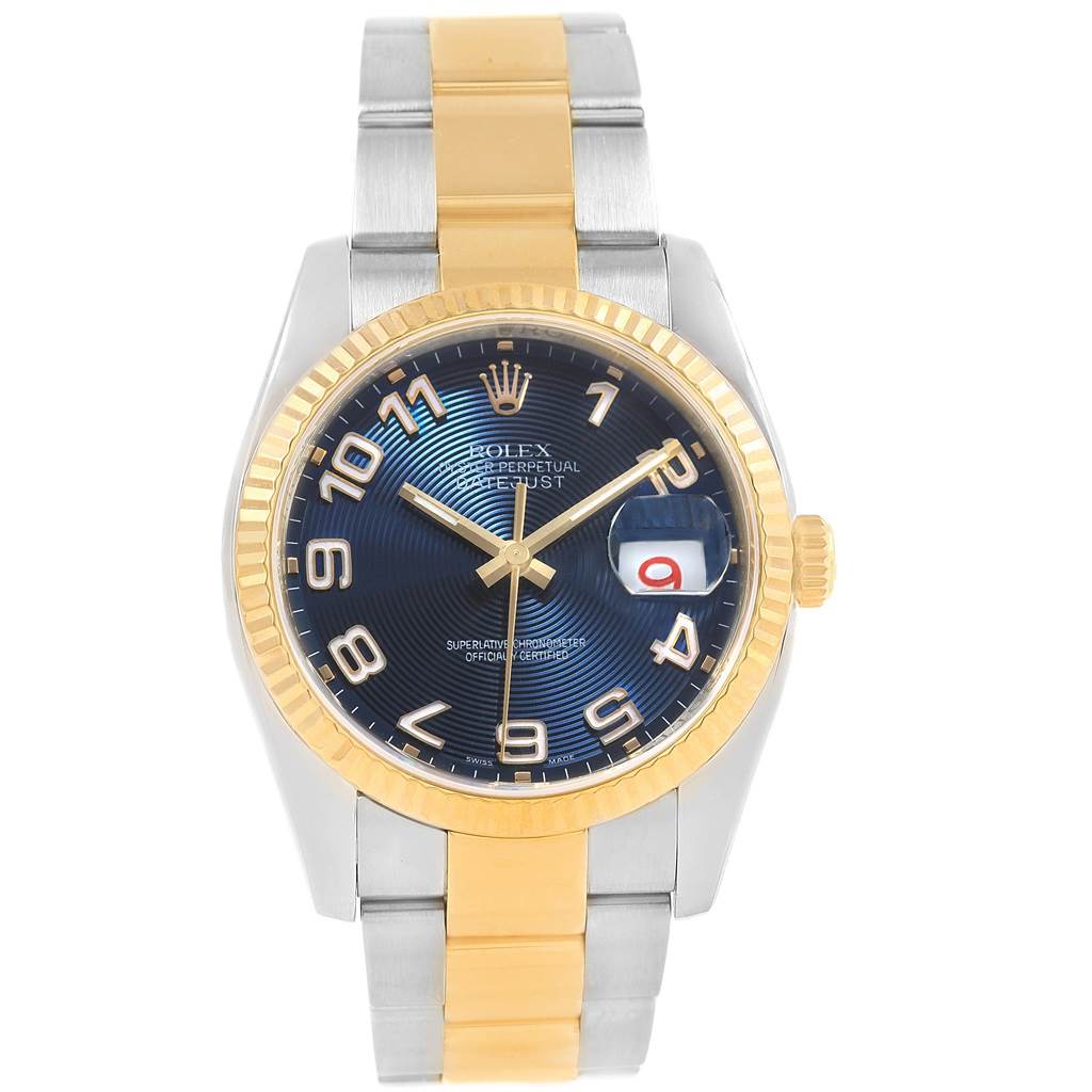 The Rolex Datejust 116233 Men
s Stainless Steel Blue Dial 116233 Men
s Stainless Steel Blue Dial watch is shown from the front, highlighting its face, bezel, and two-tone bracelet.