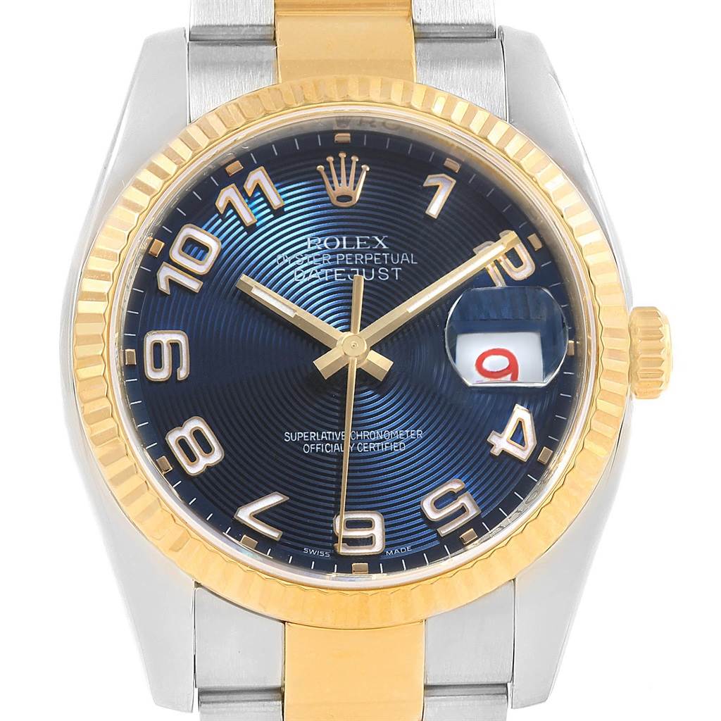 This image shows a front view of a Rolex Datejust 116233 Men
s Stainless Steel Blue Dial 116233 Men
s Stainless Steel Blue Dial watch, highlighting the face, bezel, and part of the bracelet.