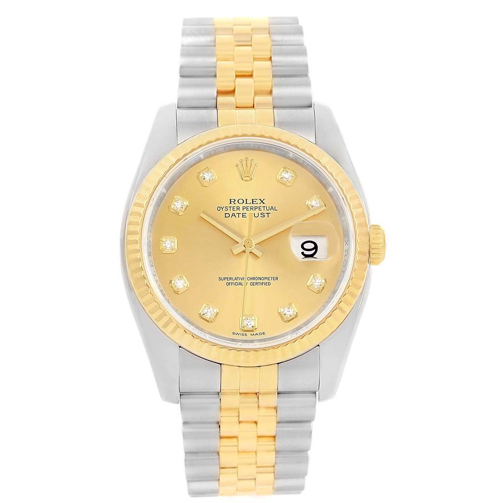 This is a front view of a Rolex Datejust 116233 Men's Stainless Steel Champagne Dial 116233 Men's Stainless Steel Champagne Dial watch, showcasing its dial, bezel, and two-tone bracelet.