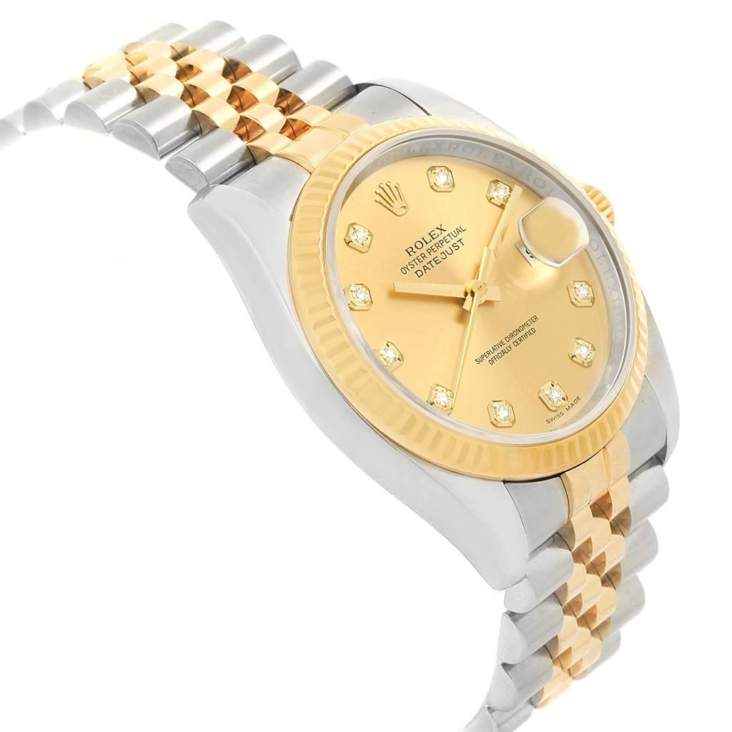 The Rolex Datejust 116233 Men's Stainless Steel Champagne Dial 116233 Men's Stainless Steel Champagne Dial watch is shown at an angled view, displaying its face, fluted bezel, and two-tone jubilee bracelet.