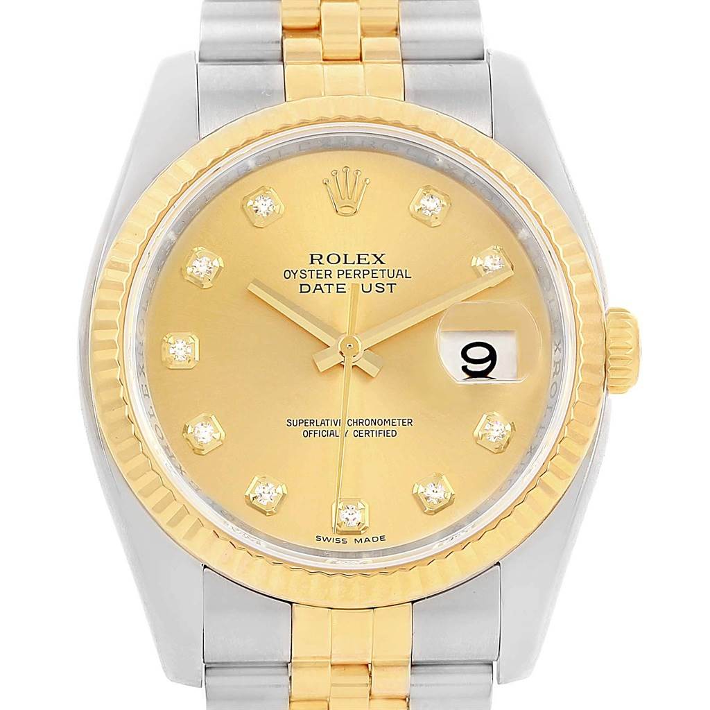 This image shows a frontal view of the Rolex Datejust 116233 Men's Stainless Steel Champagne Dial 116233 Men's Stainless Steel Champagne Dial watch, focusing on the dial, bezel, and part of the bracelet.