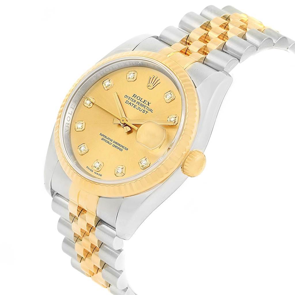 The image shows a Rolex Datejust 116233 Men's Stainless Steel Champagne Dial 116233 Men's Stainless Steel Champagne Dial watch at an oblique angle, highlighting the face, bezel, crown, and part of the bracelet.