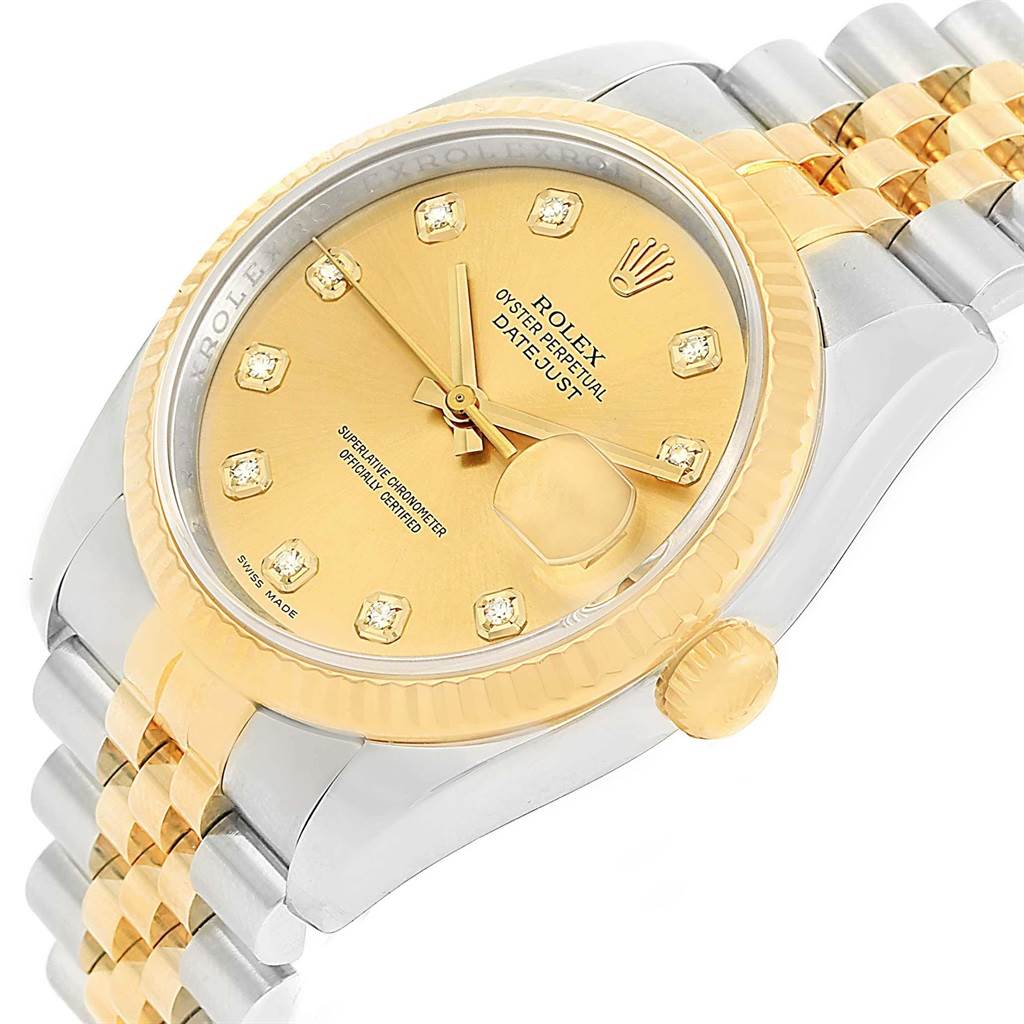 The Rolex Datejust 116233 Men's Stainless Steel Champagne Dial 116233 Men's Stainless Steel Champagne Dial watch is shown at an angled view, featuring its gold dial, diamond hour markers, and two-tone bracelet.
