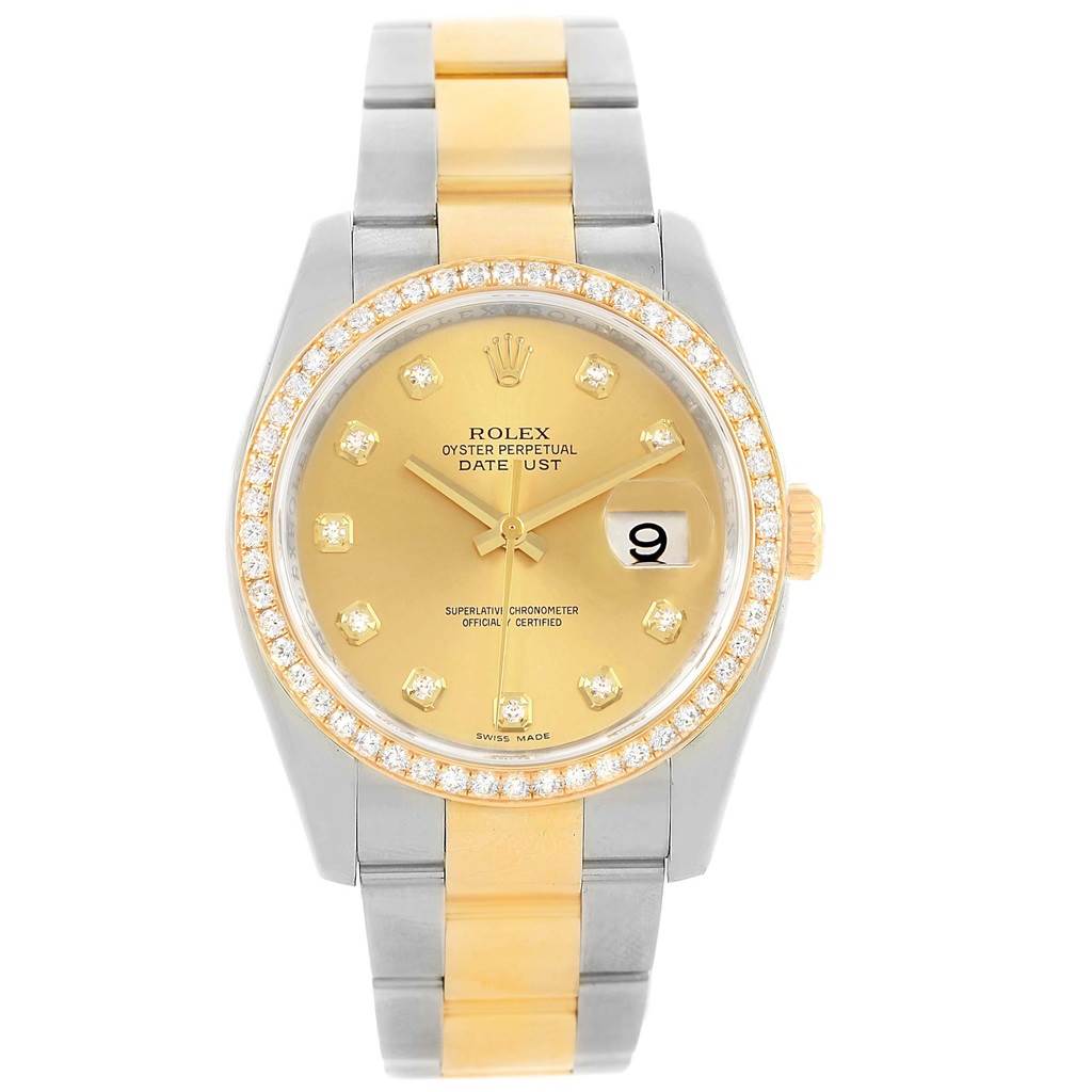 The image shows a front view of a Rolex Datejust 116243 Men's Stainless Steel Champagne Dial 116243 Men's Stainless Steel Champagne Dial watch, highlighting the dial, bezel, and two-tone bracelet.