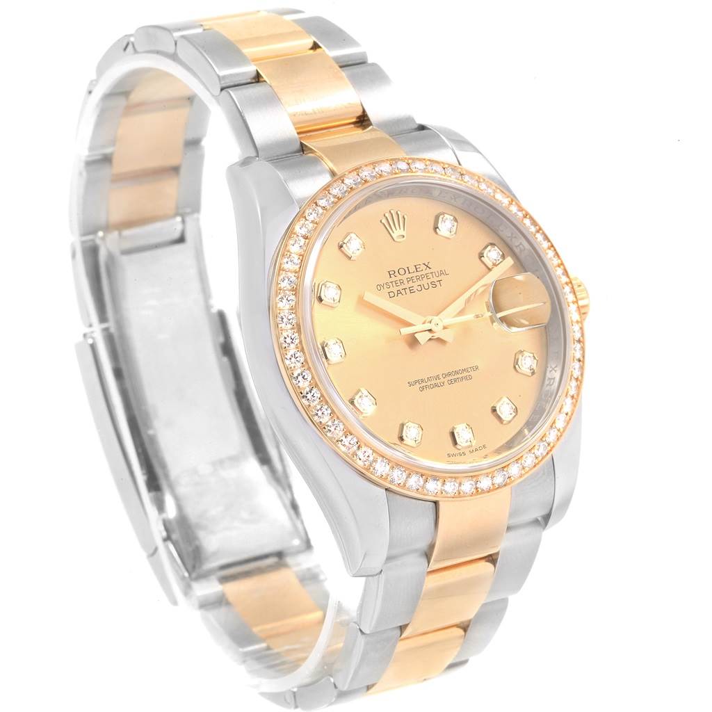 The Rolex Datejust 116243 Men's Stainless Steel Champagne Dial 116243 Men's Stainless Steel Champagne Dial watch is shown at an angle displaying the face, bezel, and part of the bracelet.