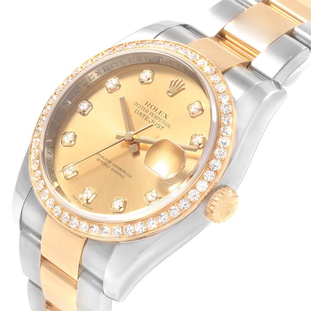 The image shows a close-up angled view of a Rolex Datejust 116243 Men's Stainless Steel Champagne Dial 116243 Men's Stainless Steel Champagne Dial watch, displaying the face, bezel, lugs, bracelet, and crown.