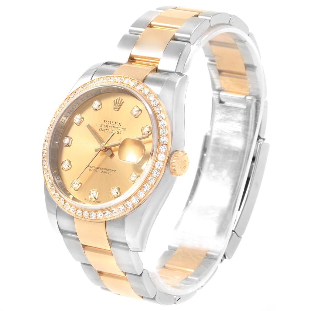 This Rolex Datejust 116243 Men's Stainless Steel Champagne Dial 116243 Men's Stainless Steel Champagne Dial watch is shown from a front-left angle, featuring a two-tone metal bracelet, diamond bezel, and champagne dial.