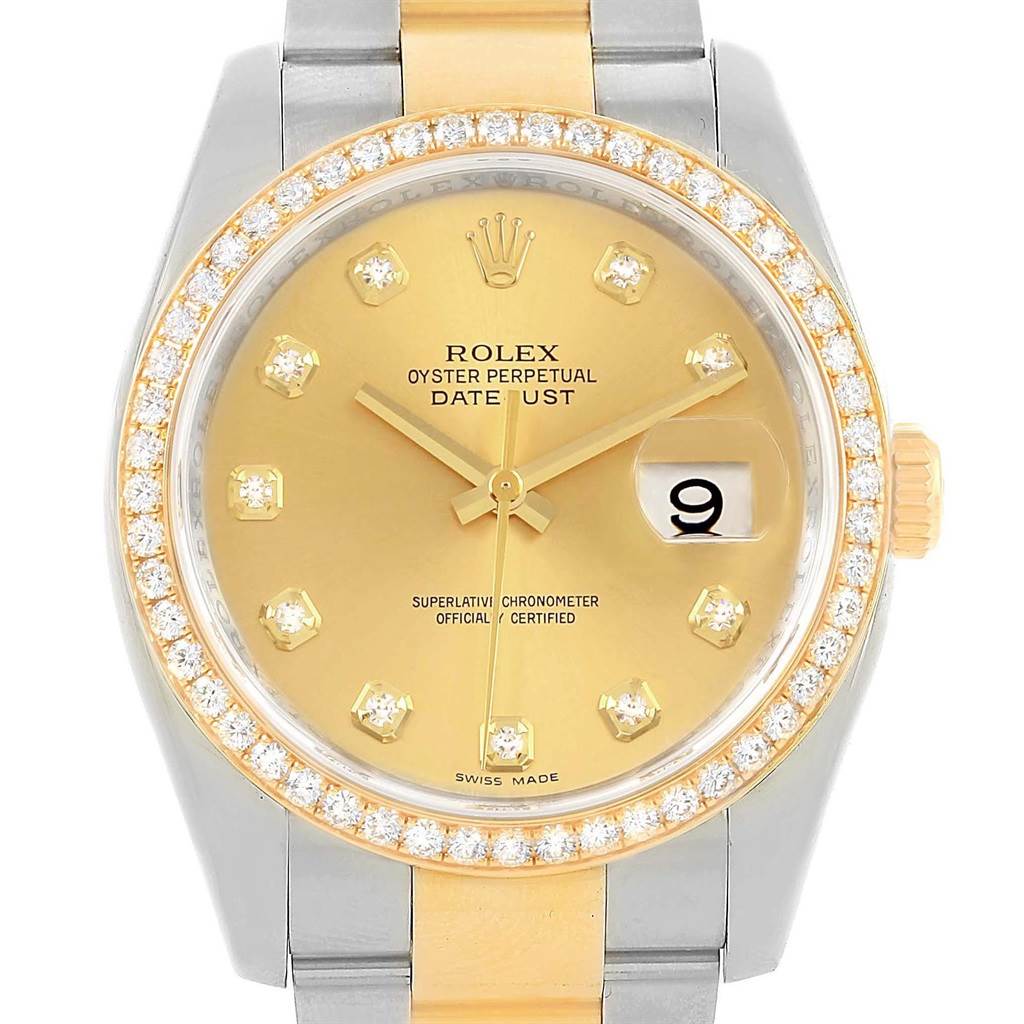 The Rolex Datejust 116243 Men's Stainless Steel Champagne Dial 116243 Men's Stainless Steel Champagne Dial watch is shown from a top-down angle, highlighting its face, bezel, and part of the bracelet.