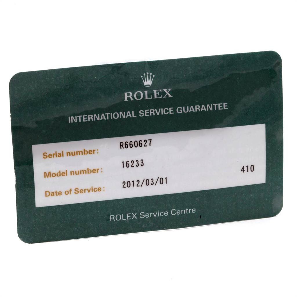 The image shows a Rolex International Service Guarantee card for the Datejust model 16233.