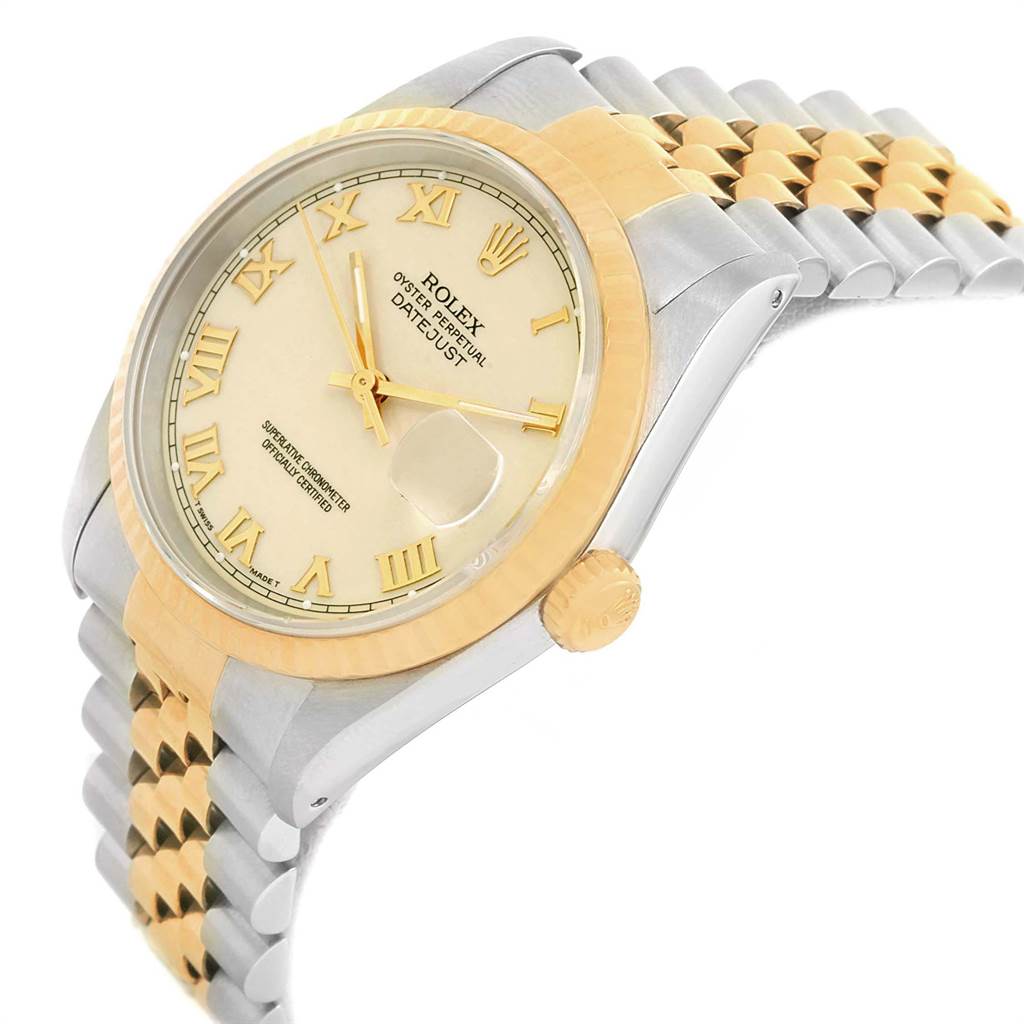 The Rolex Datejust 16233 Men
s Steel and Gold (two tone) Beige Dial 16233 Men
s Steel and Gold (two tone) Beige Dial watch is shown at an angle highlighting the bezel, dial, crown, and partially the bracelet.