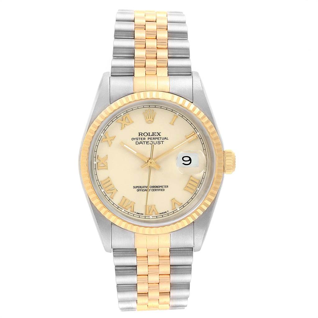 The image shows a front view of a Rolex Datejust 16233 Men
s Steel and Gold (two tone) Beige Dial 16233 Men
s Steel and Gold (two tone) Beige Dial watch, featuring its dial, bezel, and two-tone metal bracelet.