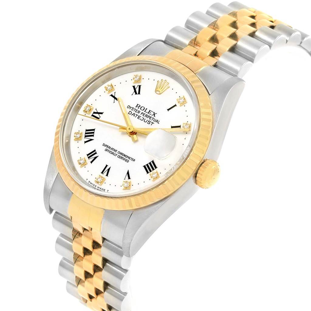 The image shows a Rolex Datejust 16233 Men's Steel and Gold (two tone) White Dial 16233 Men's Steel and Gold (two tone) White Dial watch at an angled view, highlighting its face, gold bezel, crown, and two-tone bracelet.