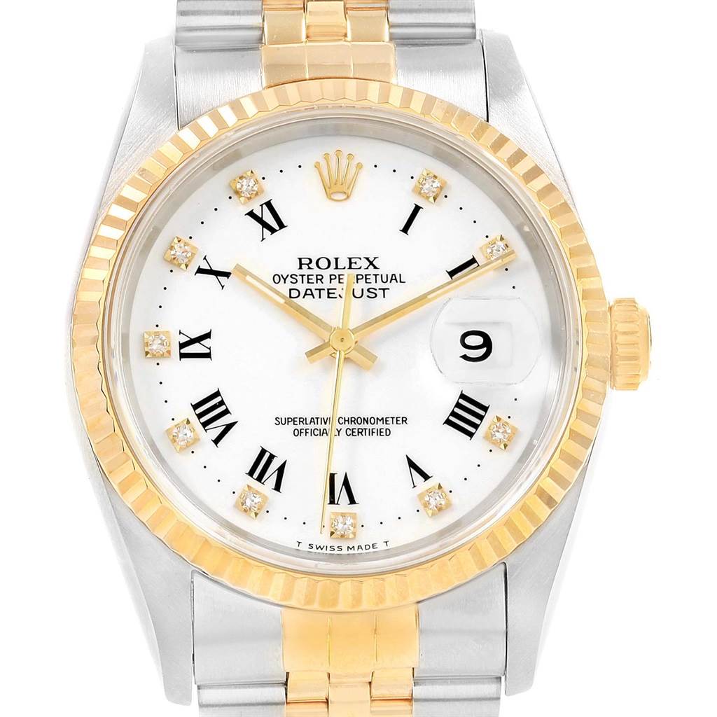 The image shows a frontal view of a Rolex Datejust 16233 Men's Steel and Gold (two tone) White Dial 16233 Men's Steel and Gold (two tone) White Dial watch featuring its dial, bezel, crown, and a segment of its bracelet.