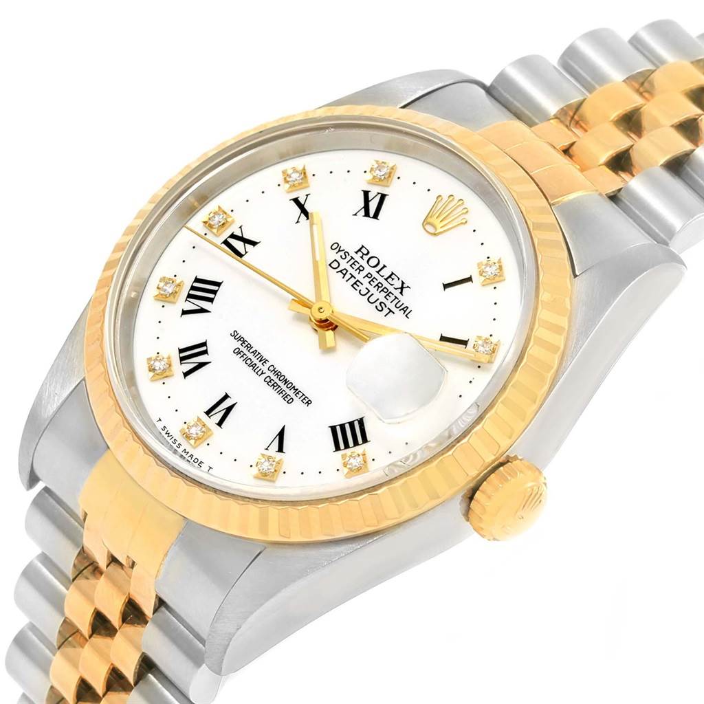 The Rolex Datejust 16233 Men's Steel and Gold (two tone) White Dial 16233 Men's Steel and Gold (two tone) White Dial watch is pictured from a front angle, showcasing its dial, case, bezel, crown, and bracelet.