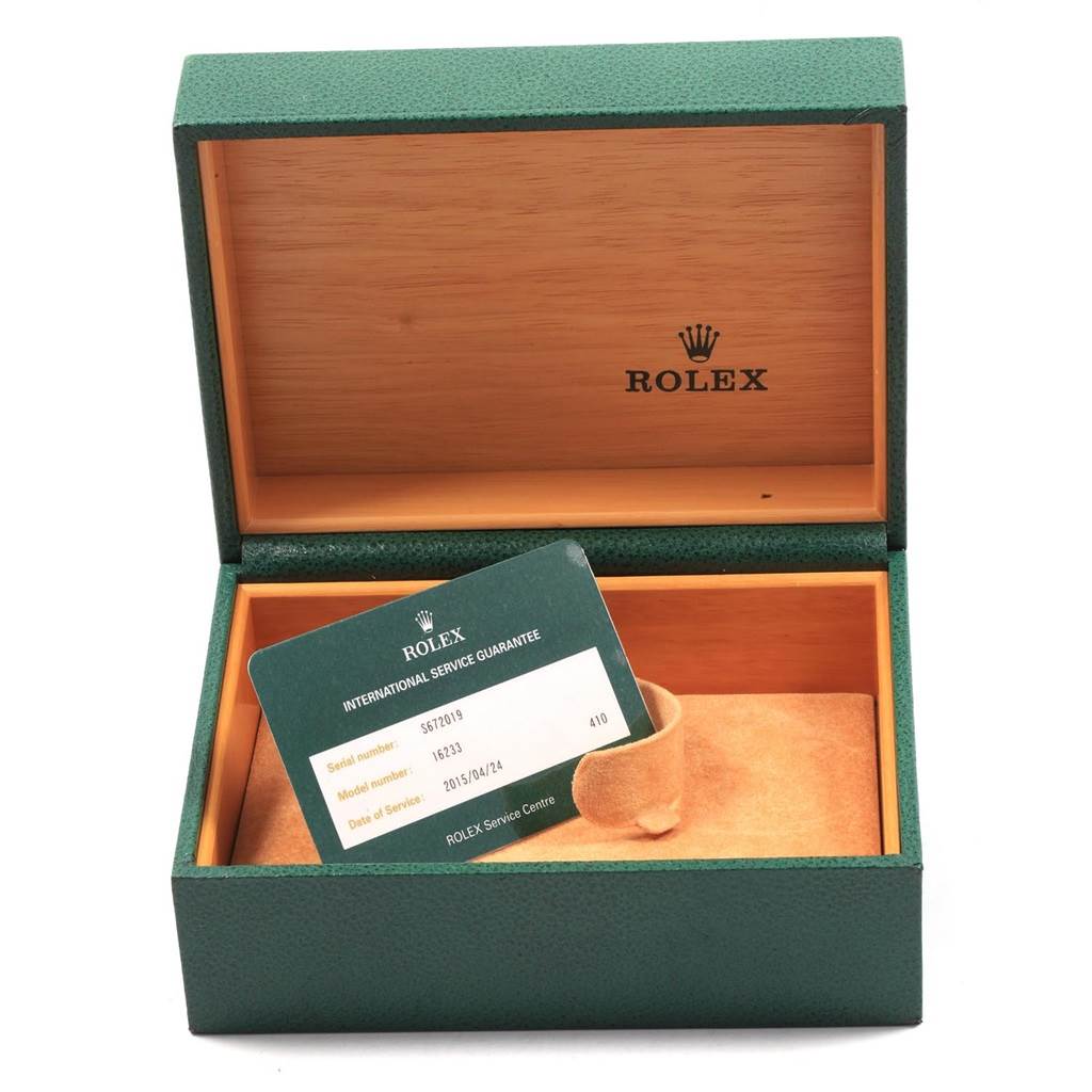 The image shows an open green Rolex box with a service guarantee card inside for a Rolex Datejust 16233 Men's Steel and Gold (two tone) White Dial 16233 Men's Steel and Gold (two tone) White Dial model watch.