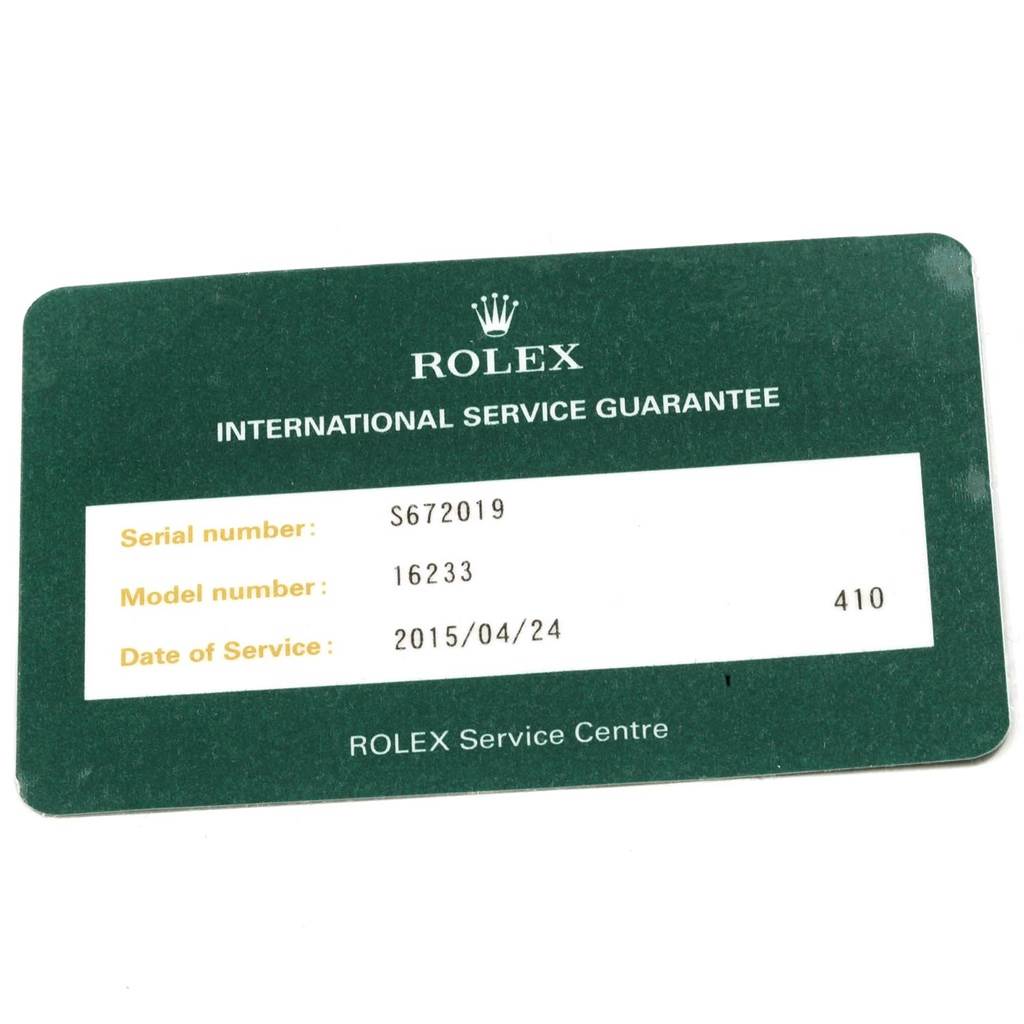 This image shows a Rolex International Service Guarantee card for the Datejust model 16233.