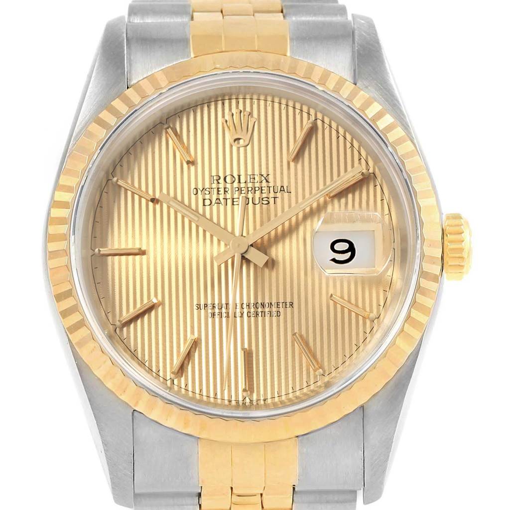 The image shows a Rolex Datejust 16233 Men's Steel and Gold (two tone) Champagne Dial 16233 Men's Steel and Gold (two tone) Champagne Dial watch at a front angle, highlighting the dial, bezel, hands, date window, and bracelet.