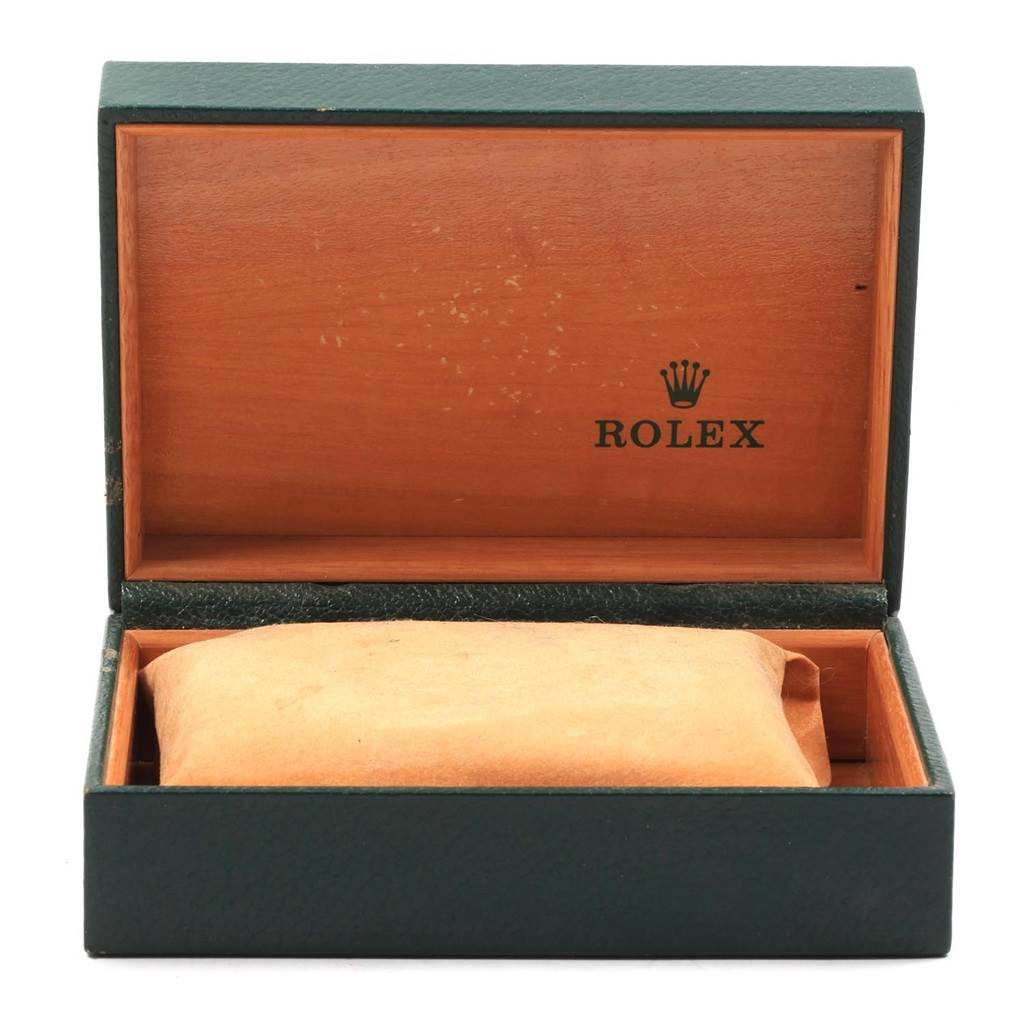 The image shows an open Rolex Datejust 16233 Men's Steel and Gold (two tone) Champagne Dial 16233 Men's Steel and Gold (two tone) Champagne Dial watch box with a cushion inside, viewed from the front.