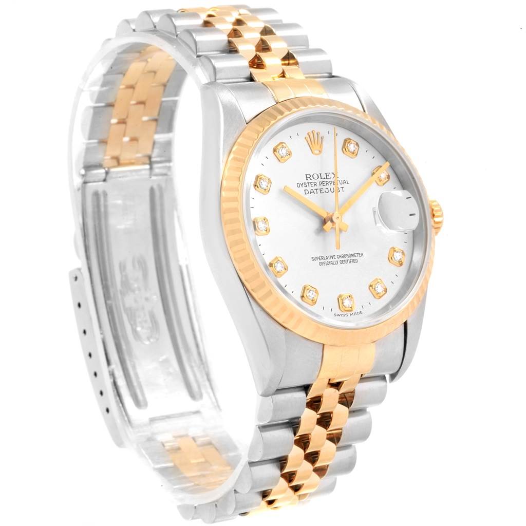 This Rolex Datejust 16233 Men's Steel and Gold (two tone) Silver Dial 16233 Men's Steel and Gold (two tone) Silver Dial watch is photographed at a slight angle showing the face, bezel, and two-tone bracelet.