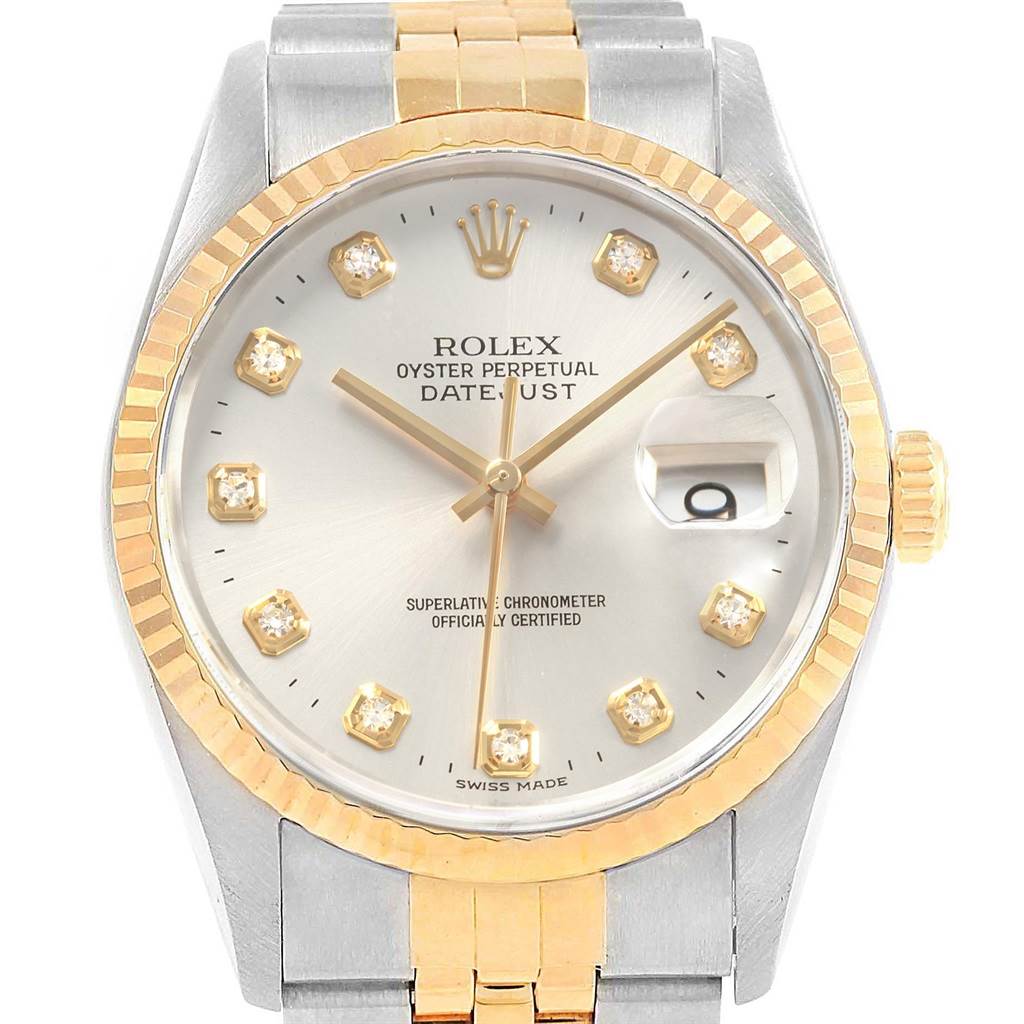 This image shows a Rolex Datejust 16233 Men's Steel and Gold (two tone) Silver Dial 16233 Men's Steel and Gold (two tone) Silver Dial watch from a front angle, highlighting the dial, bezel, and part of the bracelet.
