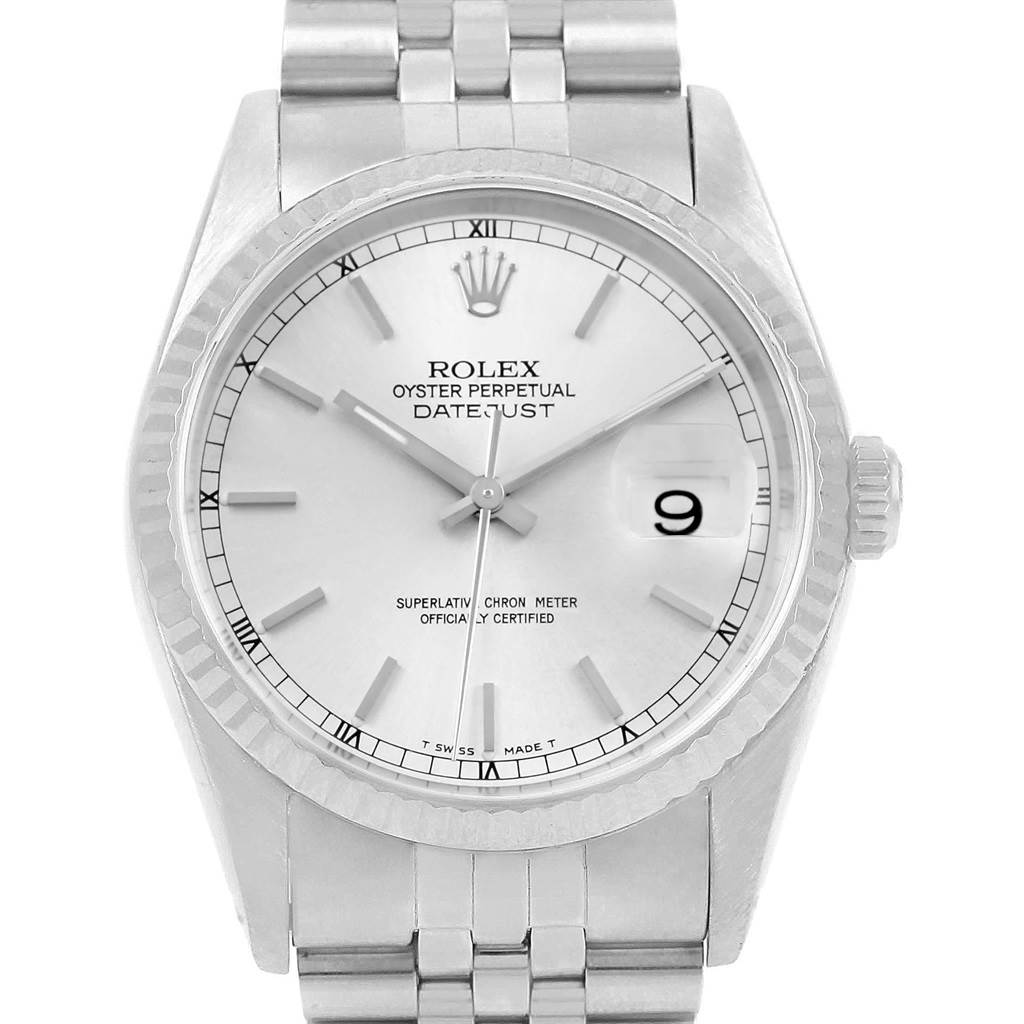 This is a frontal view of a Rolex Datejust 16234 Men's Stainless Steel Silver Dial 16234 Men's Stainless Steel Silver Dial watch showing the dial, hands, date window, and bracelet.