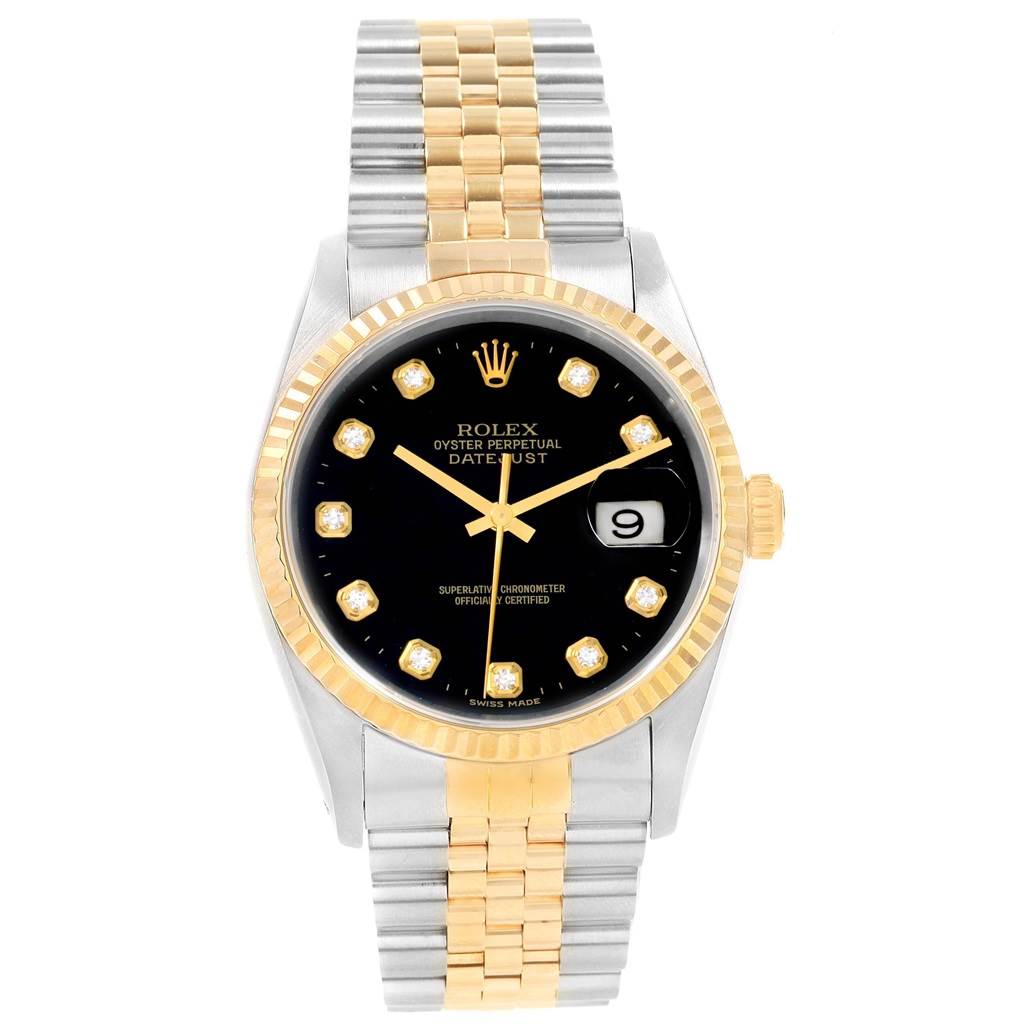 This image shows a front view of a Rolex Datejust 16233 Men
s Steel and Gold (two tone) Black Dial 16233 Men
s Steel and Gold (two tone) Black Dial watch, featuring a black dial with diamond hour markers and a two-tone bracelet.