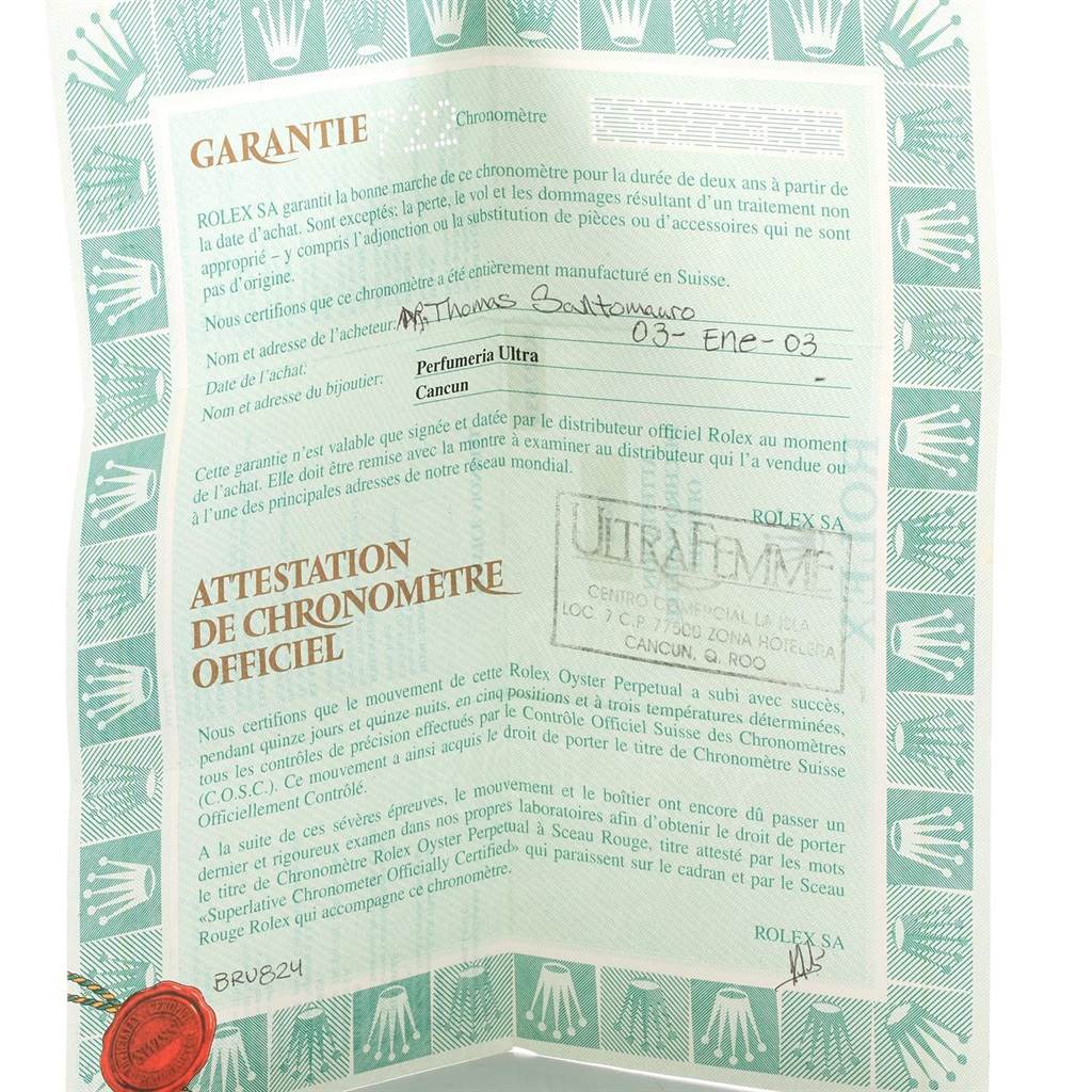 The image shows a filled-out warranty certificate for the Rolex Datejust 16233 Men
s Steel and Gold (two tone) Black Dial 16233 Men
s Steel and Gold (two tone) Black Dial model.