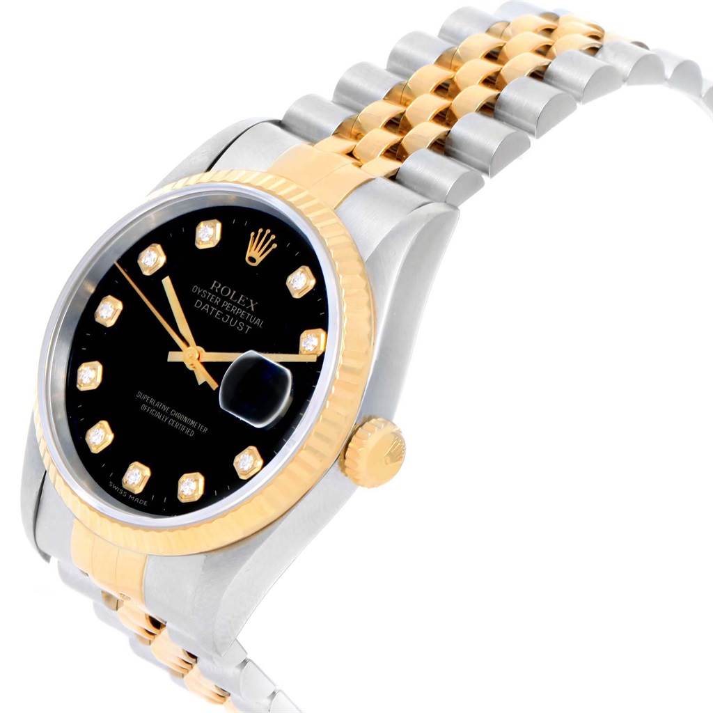 The image shows a side angle view of a Rolex Datejust 16233 Men
s Steel and Gold (two tone) Black Dial 16233 Men
s Steel and Gold (two tone) Black Dial watch, highlighting the bezel, dial, crown, and bracelet.