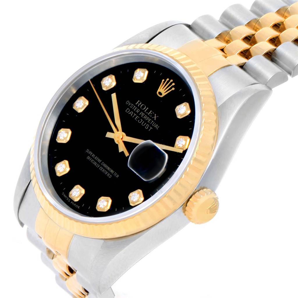 This image shows a close-up angle of the Rolex Datejust 16233 Men
s Steel and Gold (two tone) Black Dial 16233 Men
s Steel and Gold (two tone) Black Dial, focusing on the dial, bezel, and part of the bracelet.