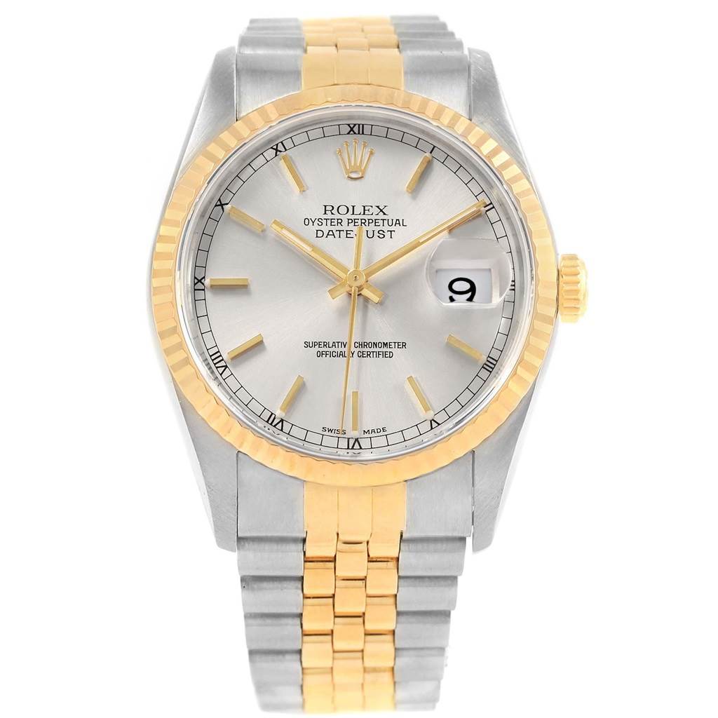 The image shows a front view of a Rolex Datejust 16233 Men's Steel and Gold (two tone) Silver Dial 16233 Men's Steel and Gold (two tone) Silver Dial watch featuring a two-tone metal band and a silver dial with a date window.