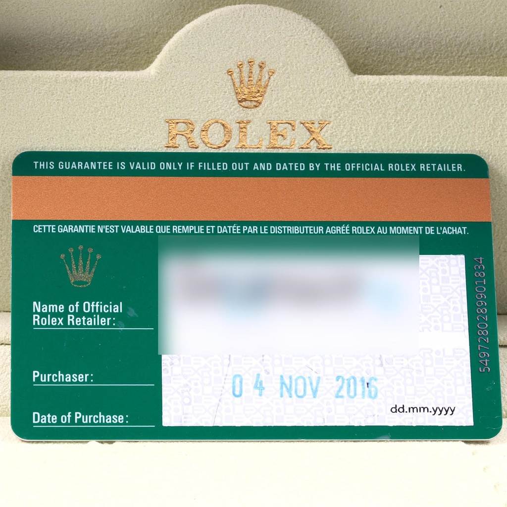 The image shows the guarantee card for a Rolex Datejust 116300 Men's Stainless Steel Blue Dial 116300 Men's Stainless Steel Blue Dial model, with the brand's logo and purchase details.