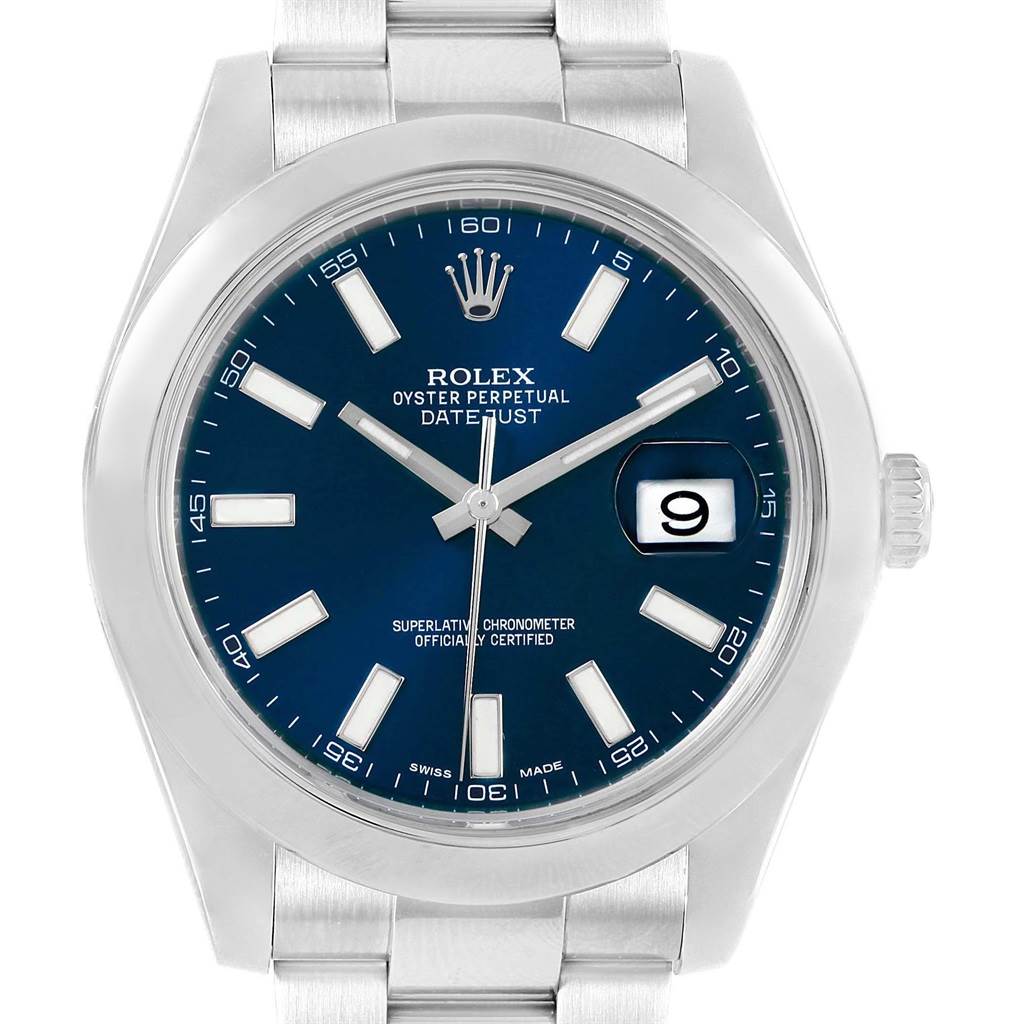 This image shows the face and bezel of a Rolex Datejust 116300 Men's Stainless Steel Blue Dial 116300 Men's Stainless Steel Blue Dial watch from a front angle, highlighting its blue dial and date display.