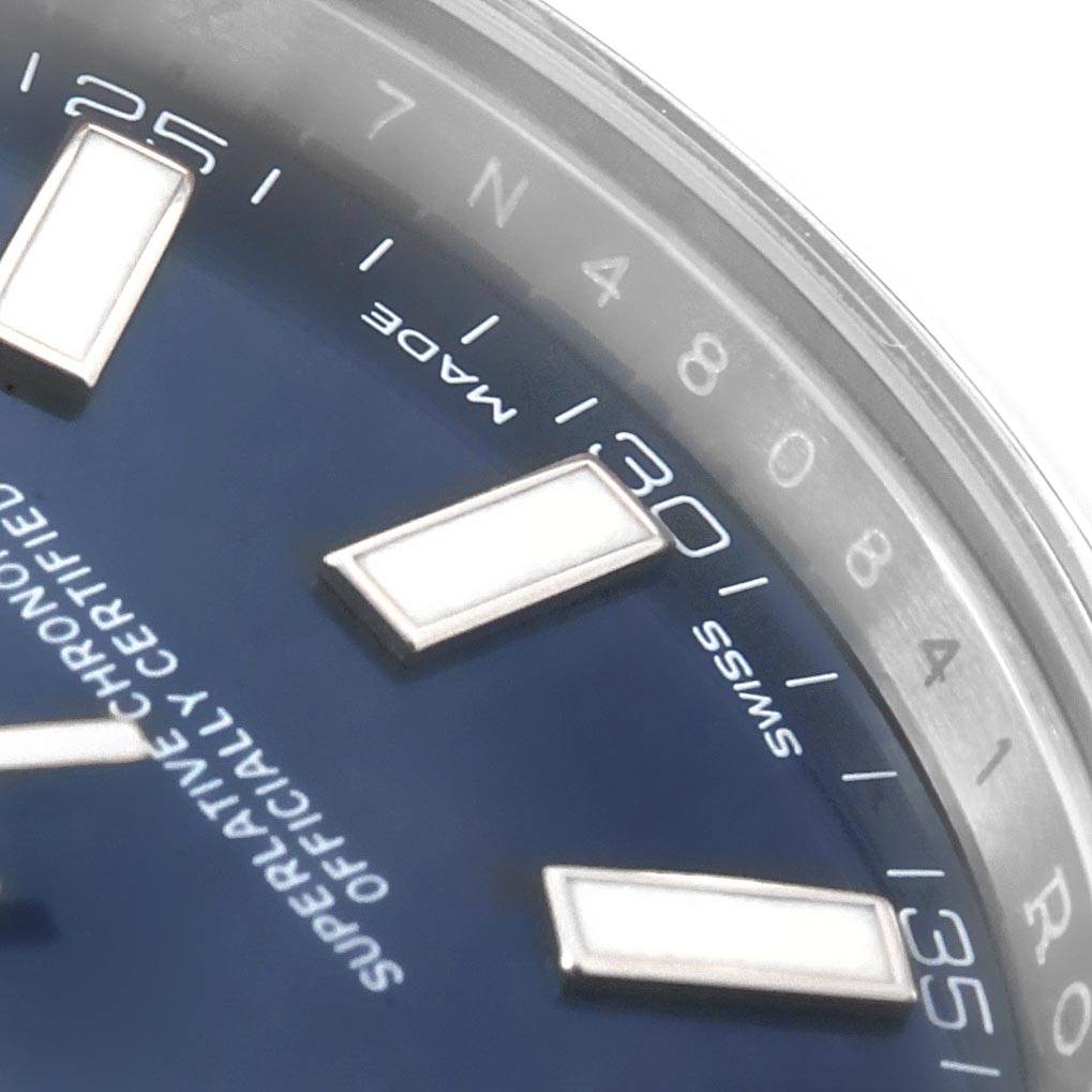 The image shows a close-up of the date markers and part of the dial on a Rolex Datejust 116300 Men's Stainless Steel Blue Dial 116300 Men's Stainless Steel Blue Dial watch.